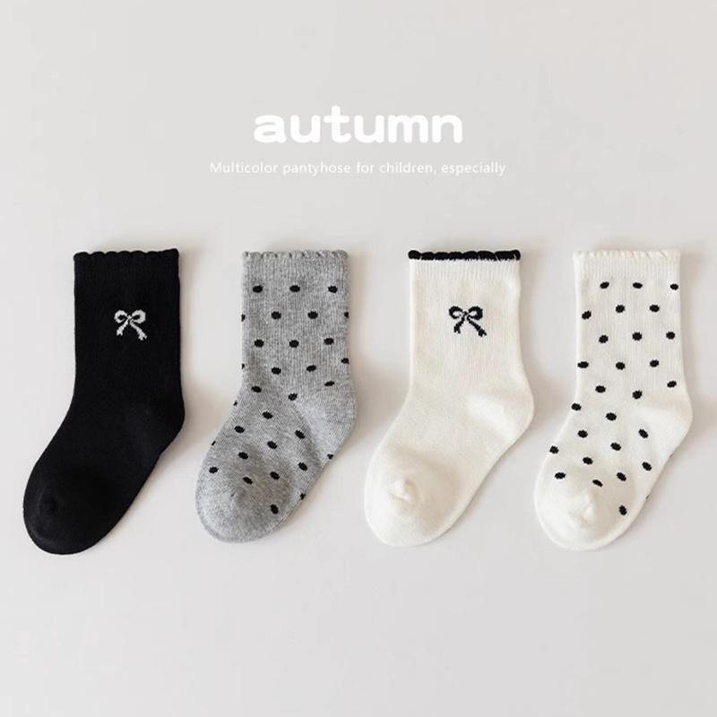 4Pairs Pink Princess Girl Socks Spring Autumn Kids Cotton Middle Tube Socks Korean Plaid Striped Toddler Socks Cartoon Stockings 2-5Years