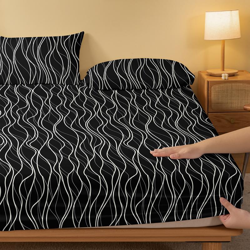 1 Piece Of Black Background White Wave Pattern Matte Bedsheet, Bedroom Printed Bedspread, Bedding (Excluding Pillowcases)