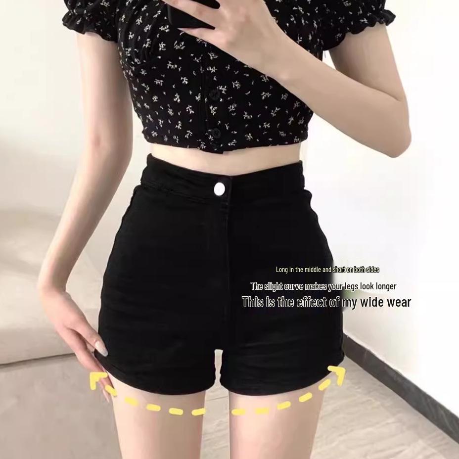 Dámské černé A-liniové zeštíhlující šortky s vysokým pasem pro drobné postavy - Letní horké kalhotky v americkém stylu 2025
