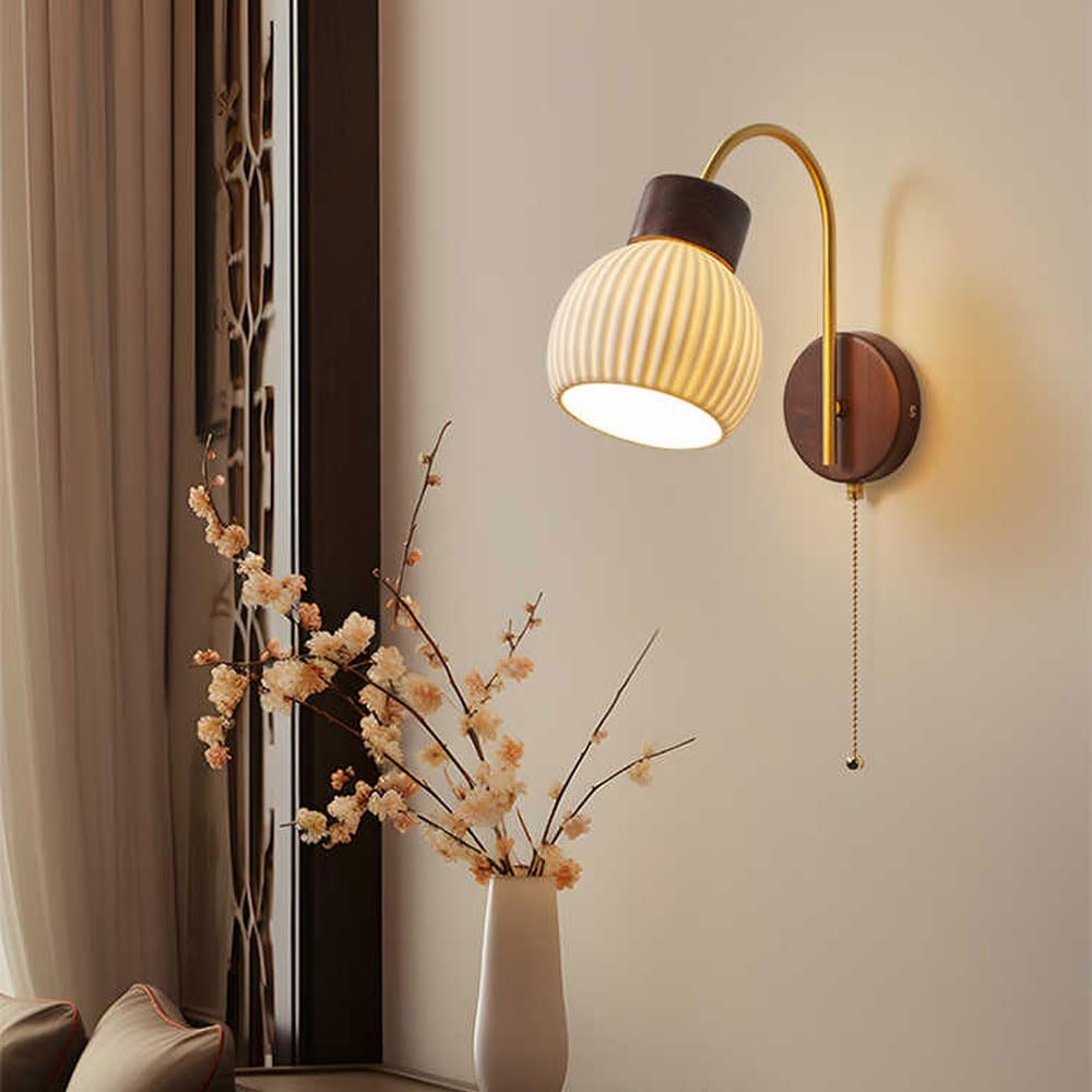 Milk Glass Wall Sconce: 32 cm Gold Vintage Wall Light Fixtures with Pull Chain Switch - Mid Century Modern Gooseneck Wall Mounted Lamp for Bedroom