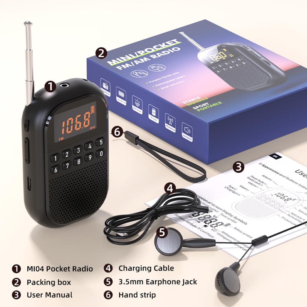 2025 New Mini Portable Radio FM/AM 1100mAh Card-rechargeable Bluetooth Radio