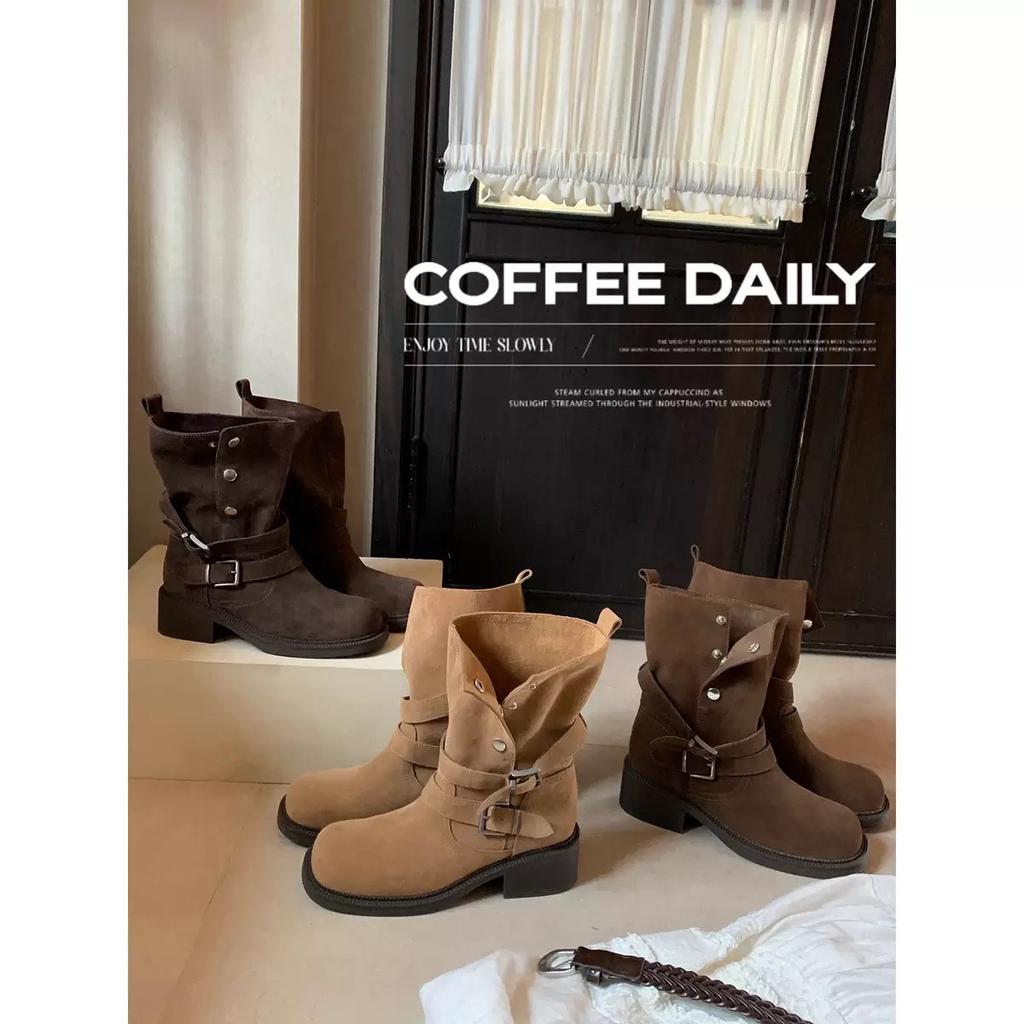 Sheepskin~ Height Increase 6cm Maillard Retro Thick Heel Short Boots Women's Cow Suede Short Knight Boots Thick-soled Martin Boots