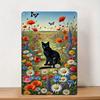 A Vintage Metal Tin Sign Featuring a  Black Cat Quietly Watching Over Wildflowers, Suitable for Decorating Rooms, Family Dini