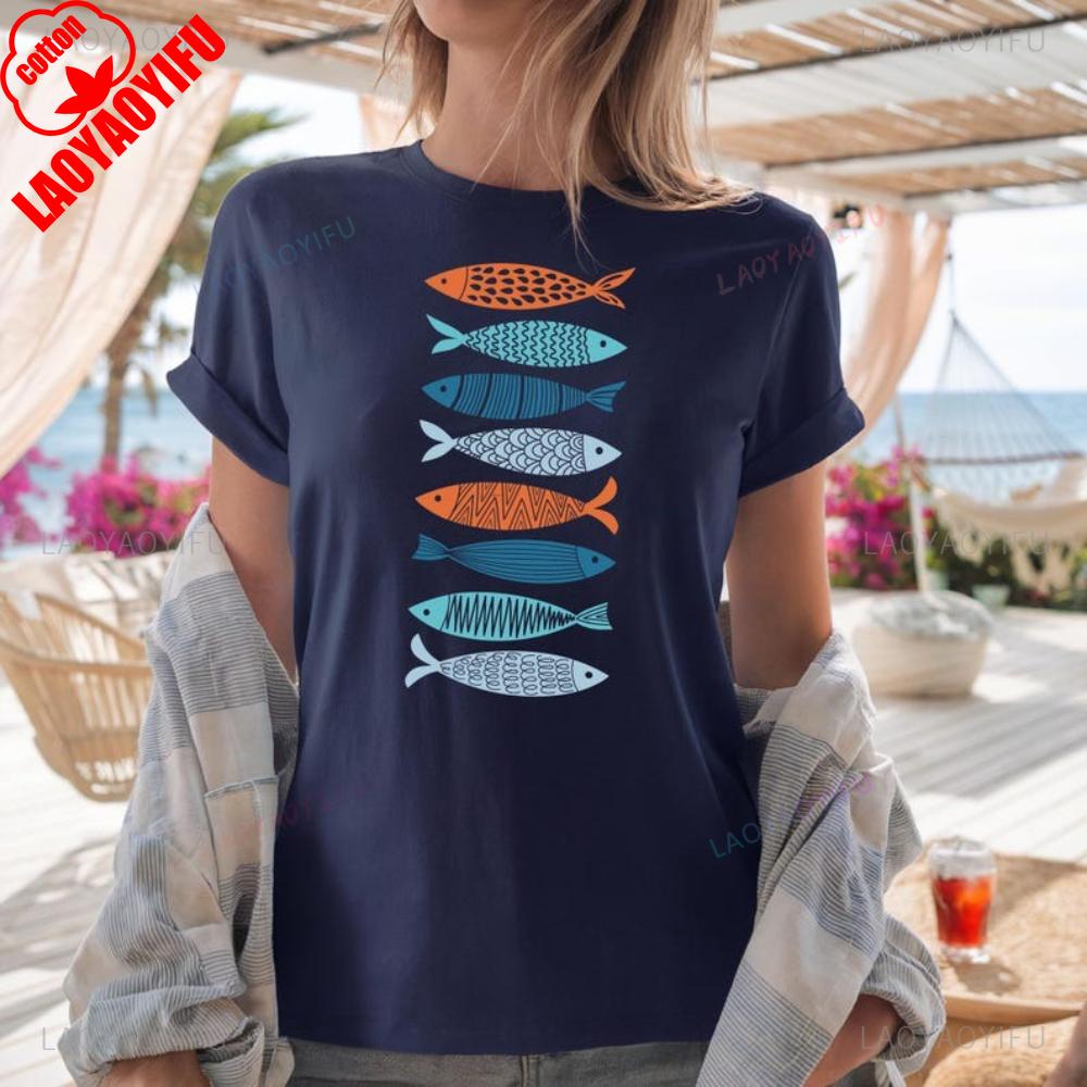 Sardines Fish Mediterranean Tomato Girl Coastal Unisex Graphic T Shirts Ocean Inspired Funny Sardines Summer Travel Retro TShirt