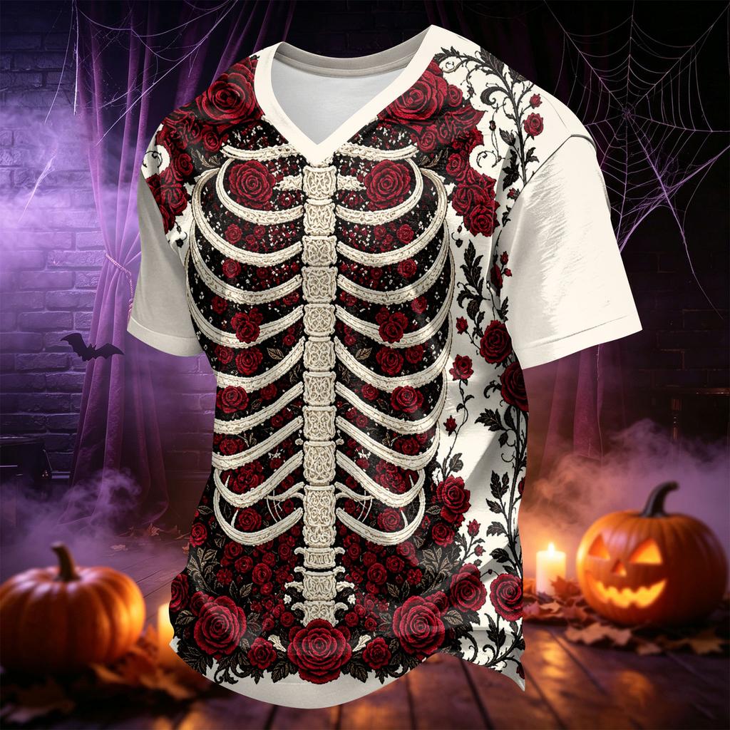 Men's V-Neck Halloween Print T-Shirt for Holiday Parties