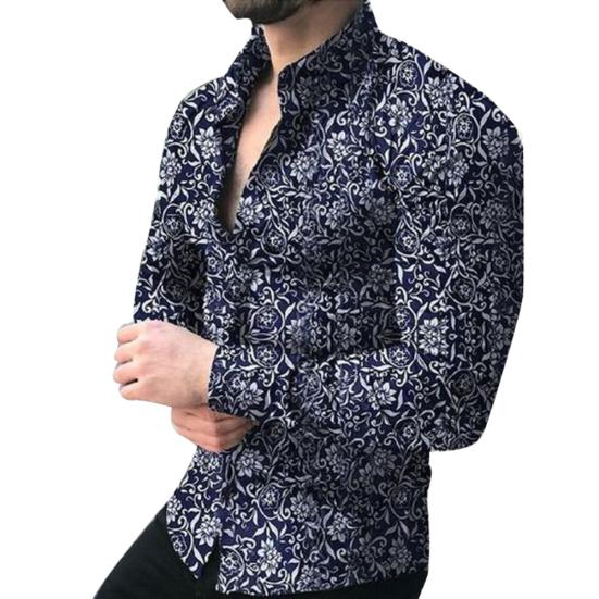 

Spring Autumn Business Men Fashion Floral Print Slim Fit Long Sleeve Shirt Top XL темно-синього кольору