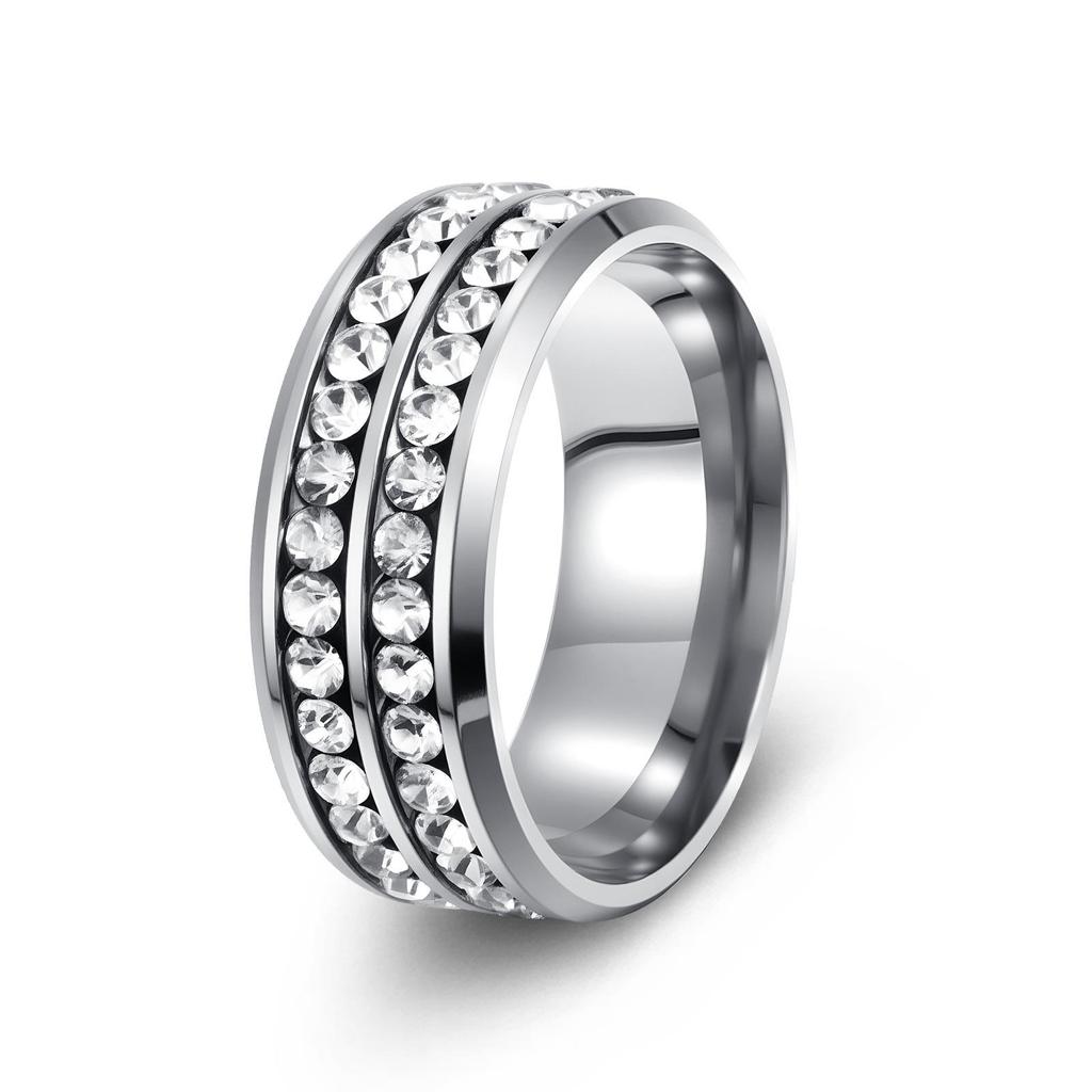 European and American Style Titanium Steel Double Row Diamond Ring - Korean High-end Stainless Steel Jewelry