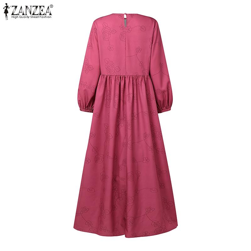 ZANZEA Women Vintage Print Casual Round Neck Long Sleeve Loose Dress