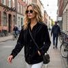 Soft Velvet Clothing Women Button Front Hoodie, Long Sleeve Hooded Jacket, Loose Fit Jacket Casual Drawstring Coat for Autumn Winter Outerwear