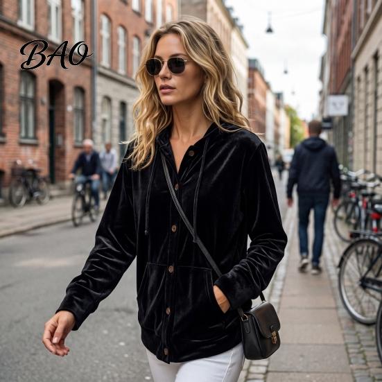 Soft Velvet Clothing Women Button Front Hoodie, Long Sleeve Hooded Jacket, Loose Fit Jacket Casual Drawstring Coat for Autumn Winter Outerwear