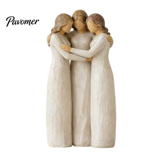 Handcrafted Wooden Statues Sisterhood Figurine, Friendship Sculpture for Living Room Home Decor Accents Bedroom Tabletop Ornament, Warm Gift