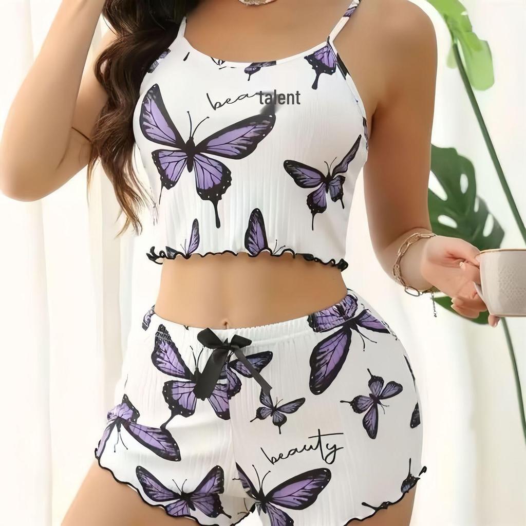 Heart Print Knit Camisole & Shorts Set - Casual Home Wear for Women