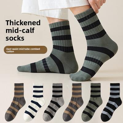 Herren Mid-Calf Socken, Nahtlose gestreifte Baumwollsocken für Herbst und Winter, Sport, Schweißabsorbierend, Warm, Verdickte lange Socken