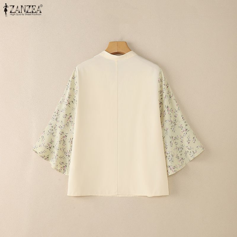 ZANZEA Women Casual V-Neck Print Splice Loose 3/4 Sleeve Blouse