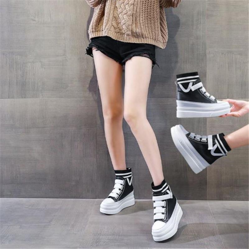Fashion Spring Autumn Women High Top Sneakers Breathable Thick Sole Chunky Sneakers Ankle Boots 8cm Platform Booties Wedge Boots White