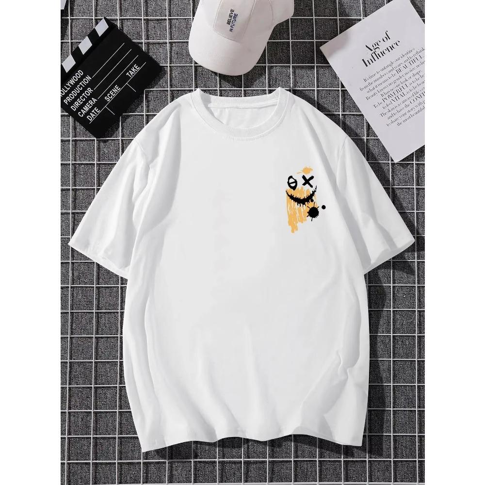 'Smile Mood' Print, Men's Casual Crew Neck Short-Sleeve Fashion Summer T-Shirts Tops, Men's Outfits Tee,Regular Oversize Tees