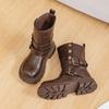 Retro Buckle Maillard Martin Leather Mid-Calf Boots for Girls - Foldable Shaft, Perfect for Travel