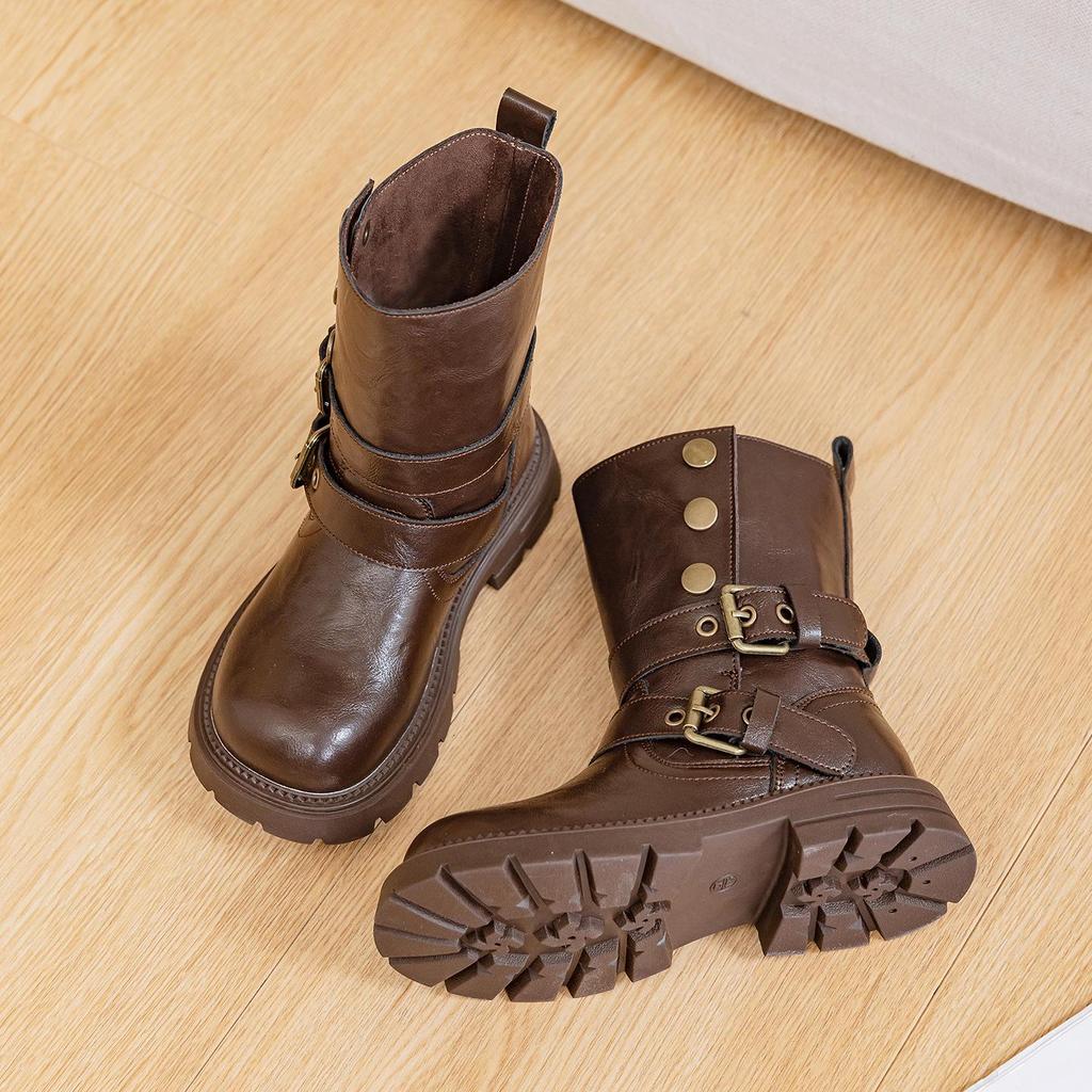 Retro Buckle Maillard Martin Leather Mid-Calf Boots for Girls - Foldable Shaft, Perfect for Travel