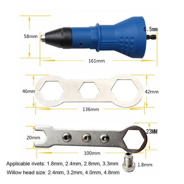 Electric Riveter Nut Riveting Tool Cordless Riveting Drill Adaptor Insert Nut Tool with Wrench&Nuts 2.4- 4.8 mm