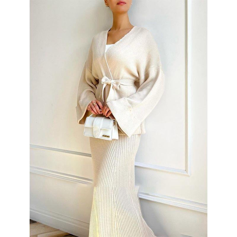 V-neck Lace-up Elegant High Waist Skirt 2 Pieces Knitting Suit Skirt 2-Piece Knitted Set