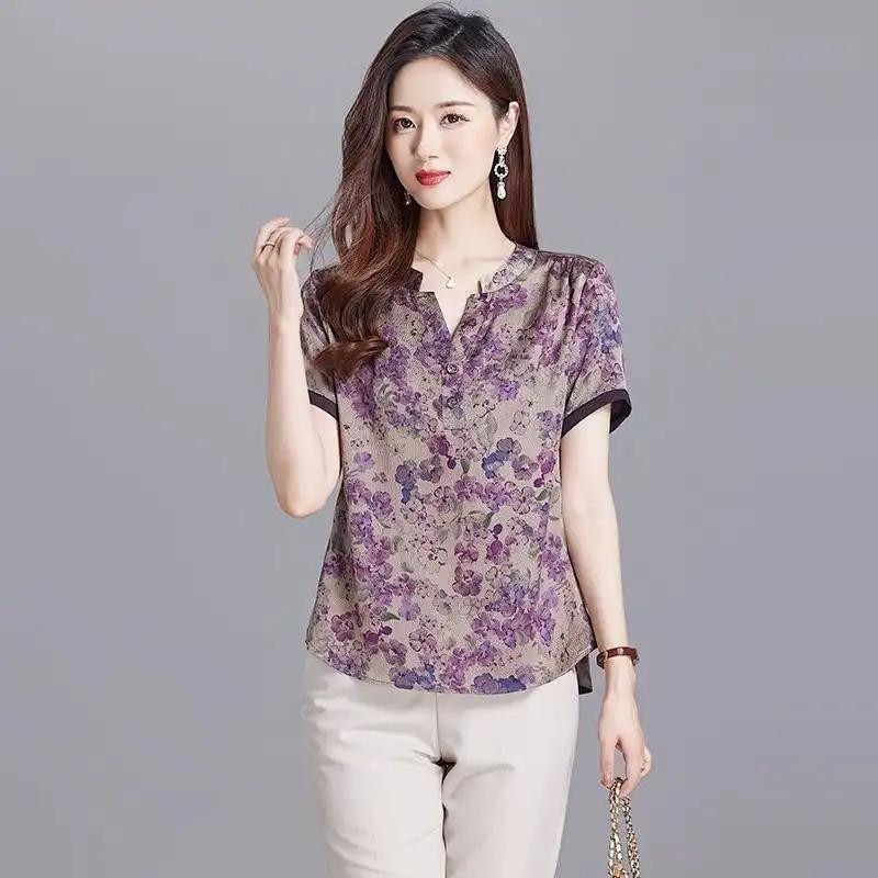Korean Chiffon Top Women's Summer New Short Sleeved Printed Fashion Versatile Fashion Slimming Round Neck V-neck Top