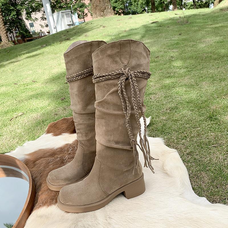 Cowhide Version~ Retro Wasteland Wind Fringed Knight Boots Thick Heel But Knee Long Boots Thin Pile High Boots Women