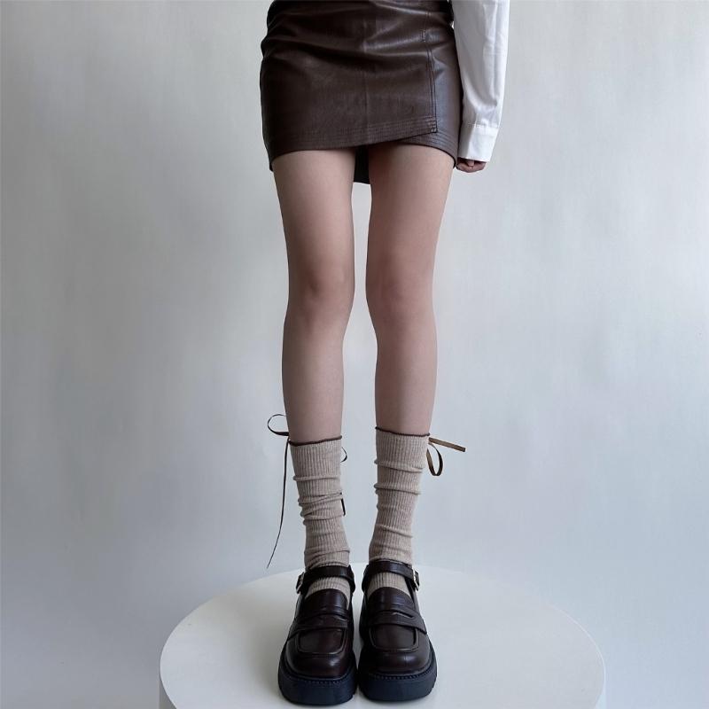Japanese Style Fashion Middle Tube Calf Socks Women JK Girl Cute Bandage Bowknot Ruffke Trim Cotton Long Socks Stockings