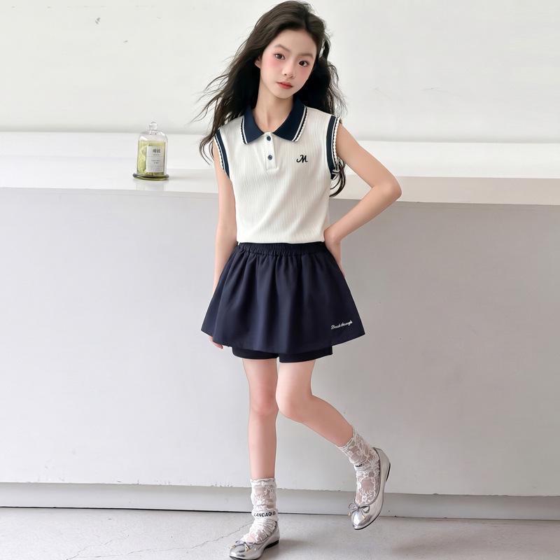 Girls' 2026 Sleeveless Polo Shirt & Sports Skirt Shorts Two-Piece Summer Set