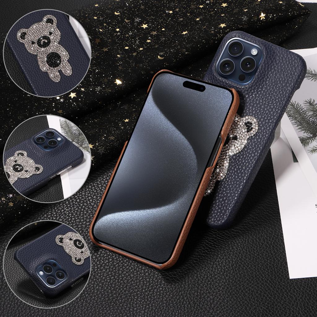 Handyhülle aus Kunstleder mit Diamant-Bärenmuster für iPhone16 15 14 13 12 11Pro Pro Max Plus X XR XS Max7 8 Serie Sturzsichere Hülle