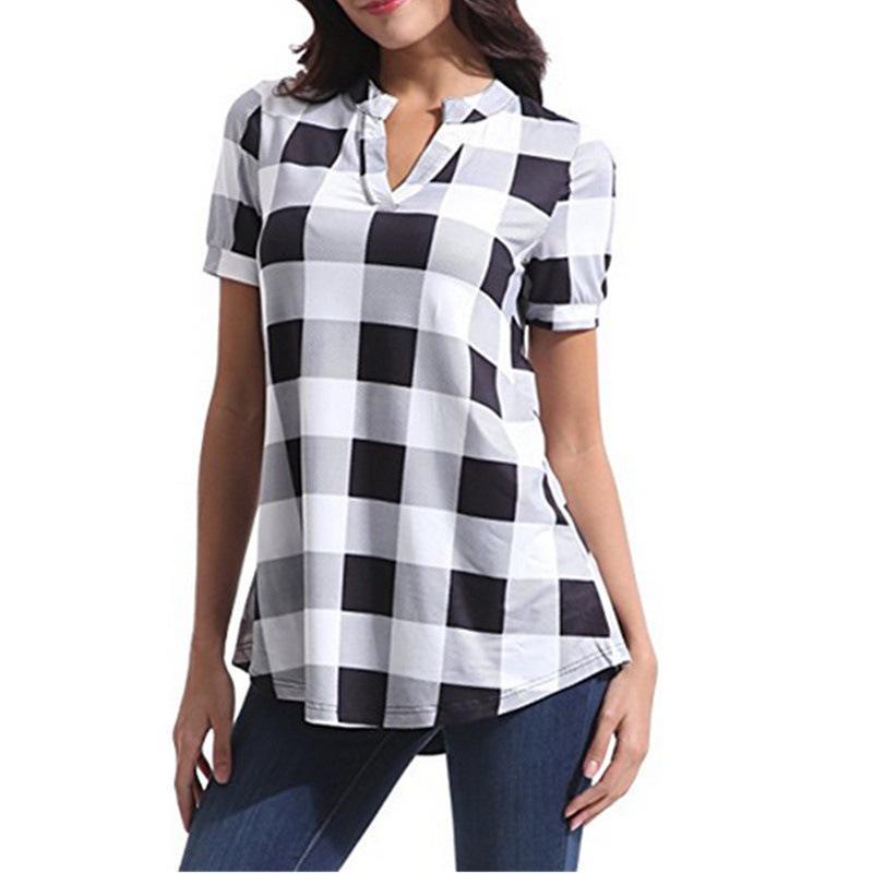 2025 Plaid V-Neck Short Sleeve Loose Women s Blouse S белый