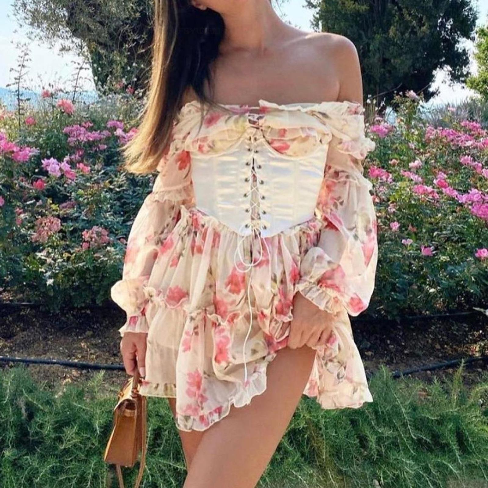 

Платье-корсет с цветочным принтом на талии, женское платье принцессы на шнуровке, милое платье-миди с рукавами-бинтами, повседневное платье, летнее сексуальное платье M разноцветный