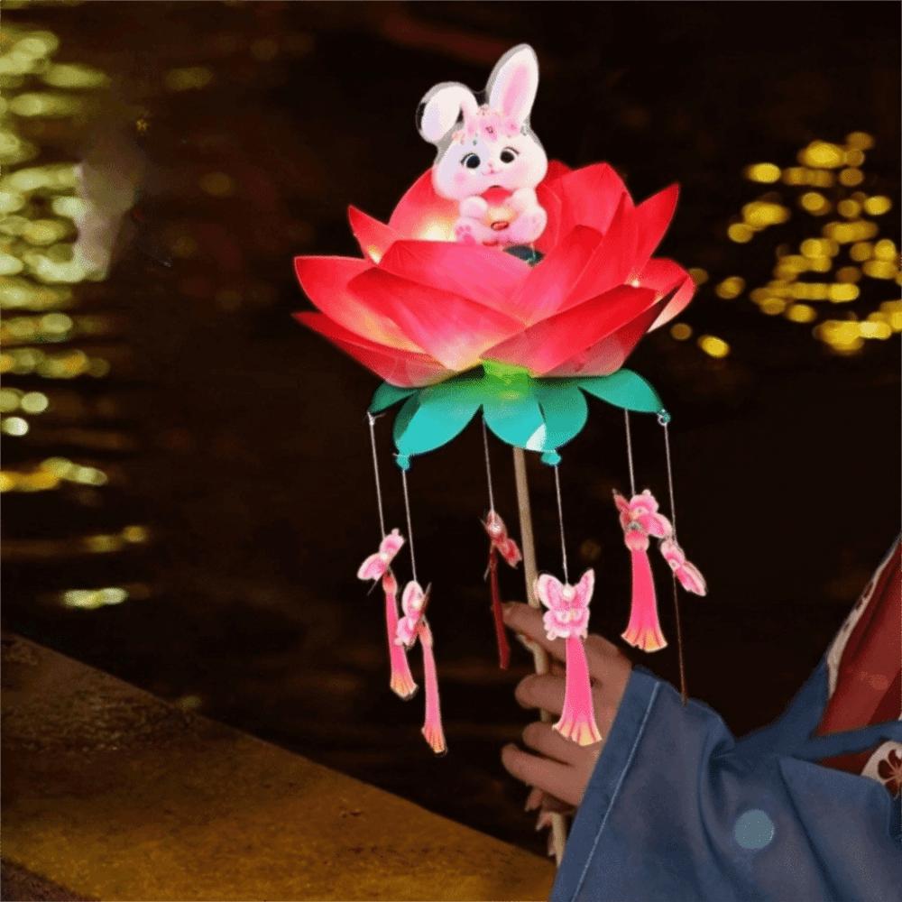 Handmade Mid-Autumn Festival Lantern Rabbit Glowing Lotus Lantern Luminous Easy-to-Make Handheld Light Chinese 4inch