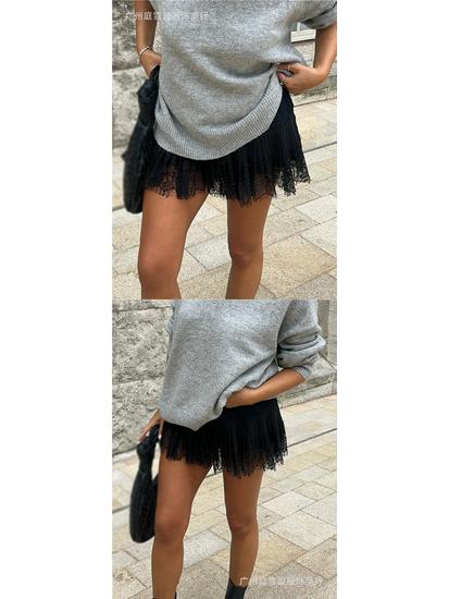 High-Waisted Pleated Lace Mini Skirt - Women's Classic Retro Streetwear for Club Party