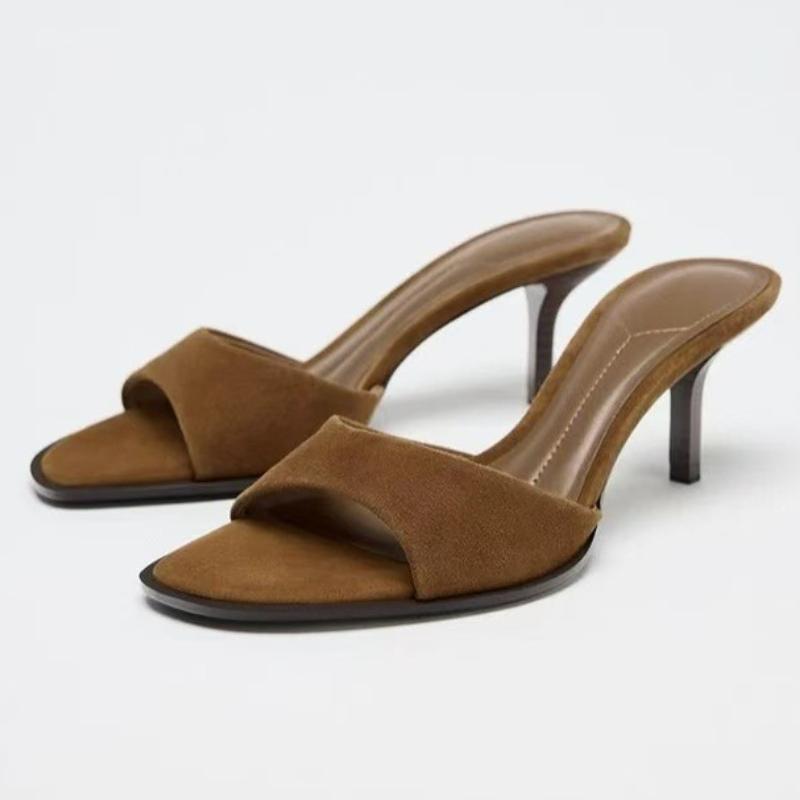 Fashion High Quality Brown Satin Slippers Women Fashion Pointed Toe Thin Heel Slide Sandals Comfort Concise Designer Shoes Zapatos Mujer