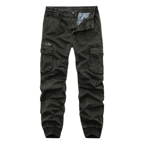 Men Cargo Pants Solid Color Zipper Fly Multi Pockets Drawstring Elastic Waist