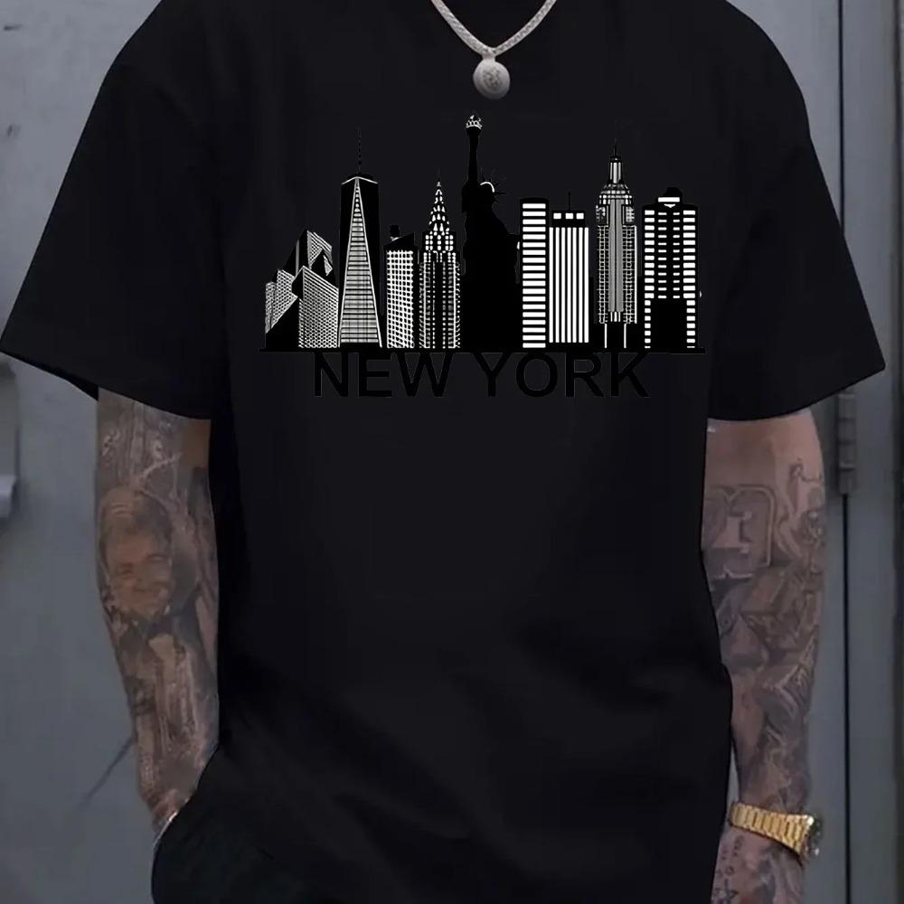 Summer Printed Pure Cotton T-shirt Cityscape Printed Men's Cotton T Shirt Casual Crew