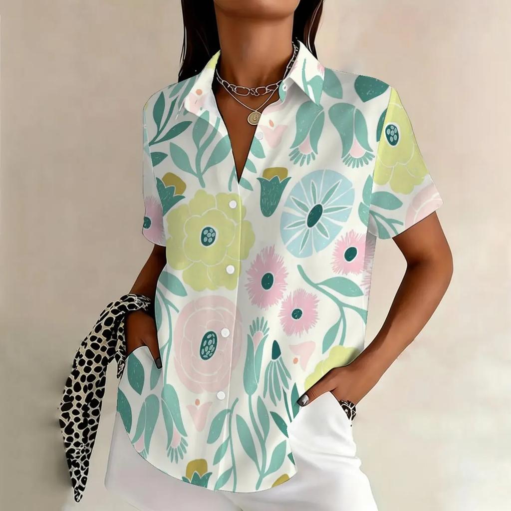 Blumenprint Retro Damen Kurzarmhemden Damen Revers Einreiher Kurzarmblusen Lässige Tägliche Damen Lockere Oberteile