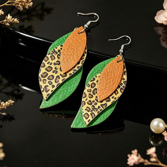 Cross-border Retro Green & Brown Leopard Print Layered Leather Leaf Earrings