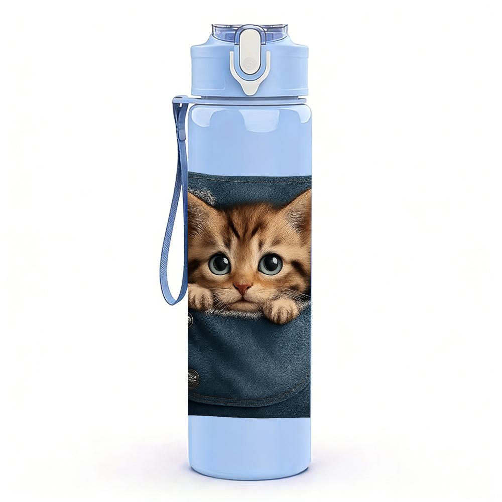 1PC Cat Peeking Canvas Bag 750ml Color Plastic Sports Water Bottle Leakproof Flip Straw Lid For Sports Office Home Use