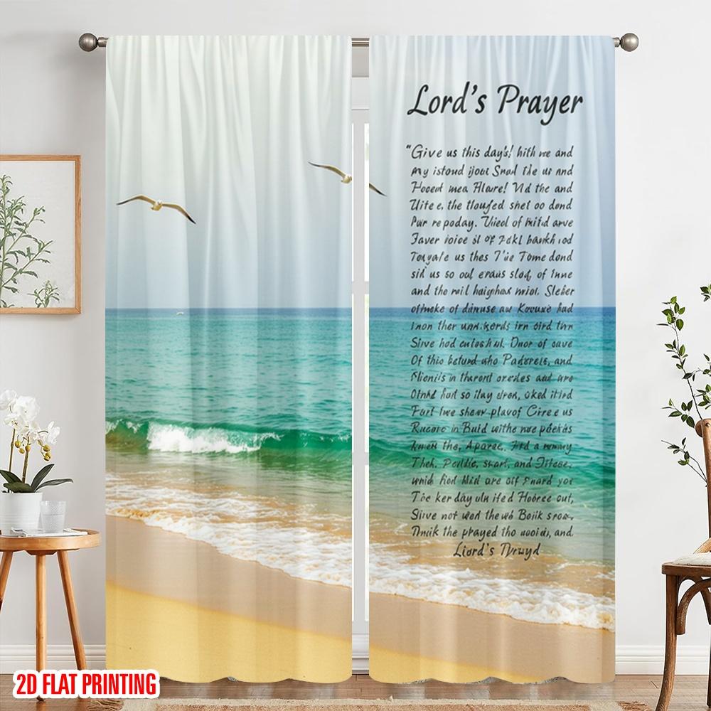 2pcs 2D Flat Printing Curtain Jesus Prayer Beach Ocean Polyester Without Electricity Festive Curtains Use for Door Wall Yard