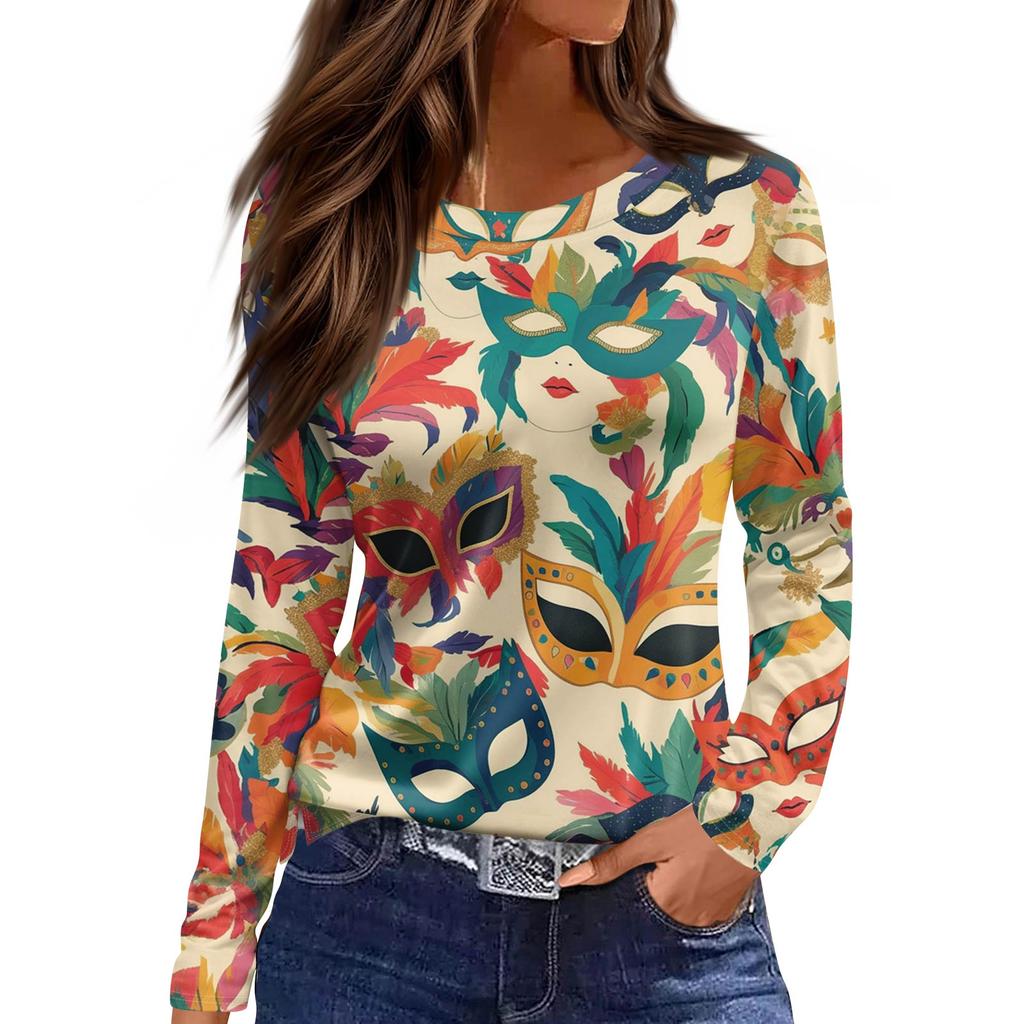 Women's Fashionable Casual Neck Long Sleeve Hem Split Carnival Print T-Shirt Top