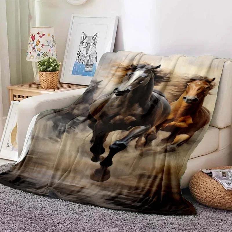 3D Cartoon Horse Print Flannel Throw Blanket – Soft Warm Picnic Blanket, Retro Home & Travel Birthday Gift, Cozy Comfort