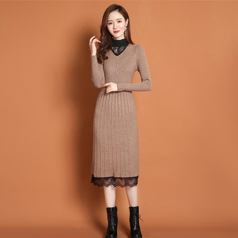 

Кружевное вязаное платье с полувысоким воротником для женщин, с длинными рукавами, однотонное платье-свитер для осени и зимы, повседневное XL хаки