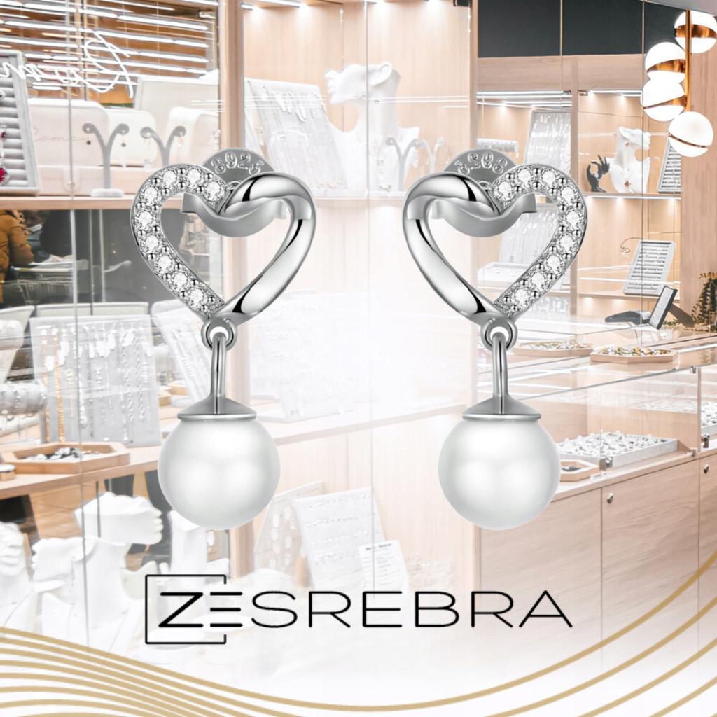 Heart Earrings With Pearl And Cubic Zirconia S925 Hanging Long Movable