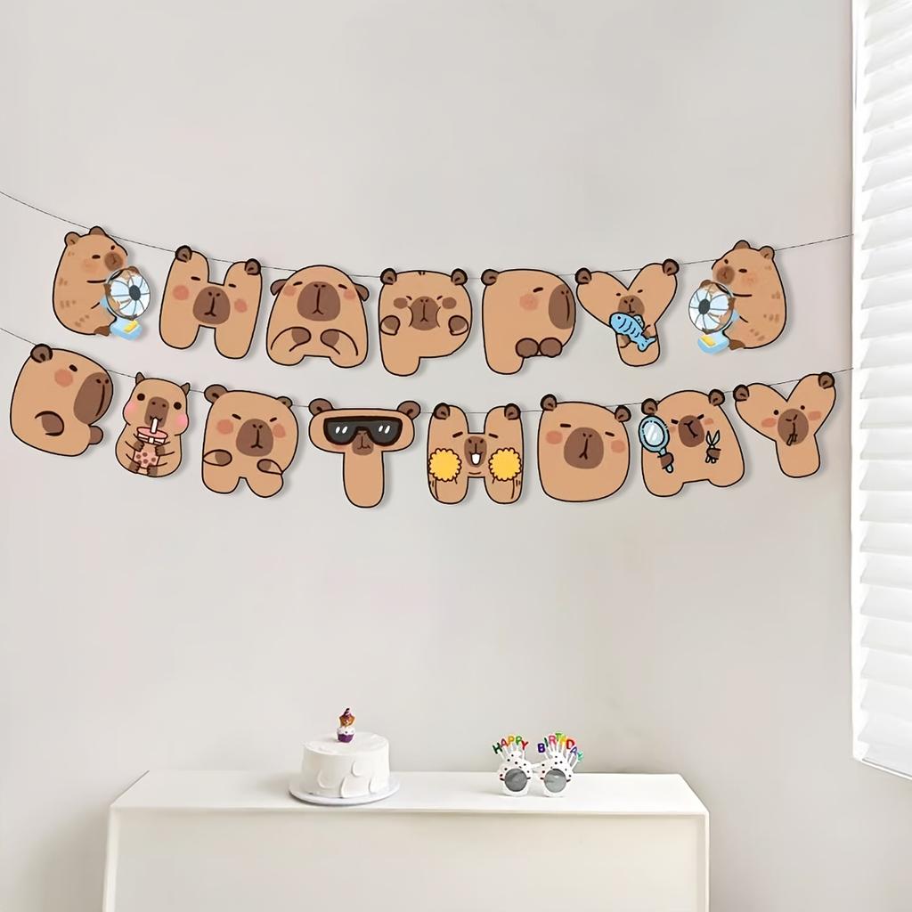 Cute Capybara Happy Birthday Banner, cartoon paper pull flag, ideal for kids' birthday, room & entrance decor.