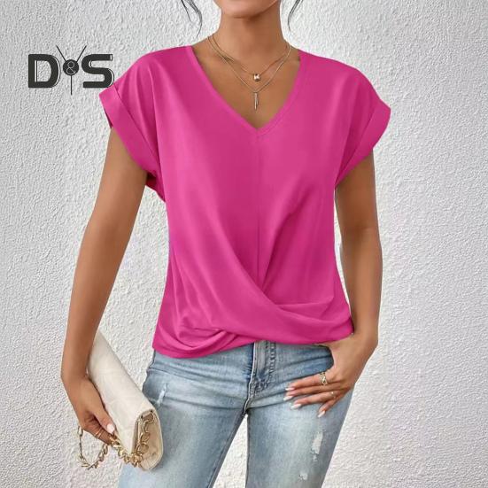 Dámské topy s výstřihem do V, s krátkým rukávem, s mačkaným designem, tričko jednobarevné, volného střihu, s křížovým plisováním, pro každodenní nošení