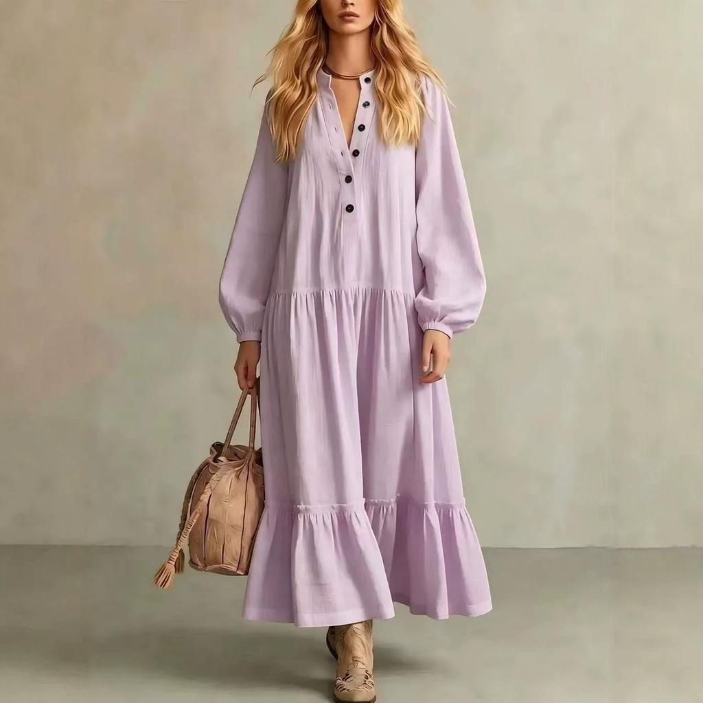 European and American new women's long dress casual loose stand-up collar buttons long-sleeved cotton and linen dress women