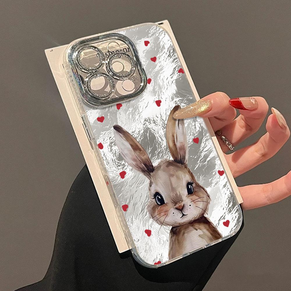 Cute Love Heart Rabbit Glacier Texture Case For iPhone 17 Air 16 15 14 13 12 11 Pro Max Plus 16E With Glass Lens Protector Cover