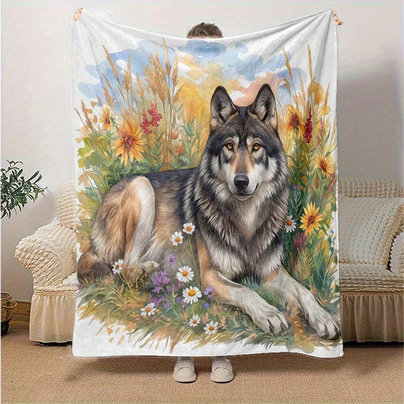 1pc Wolf's Peaceful Rest amidst Nature's Bounty Blanket  Soft Throw for Home Decor, Gift Idea, Living Room, Travel, Camping, Car Blankets