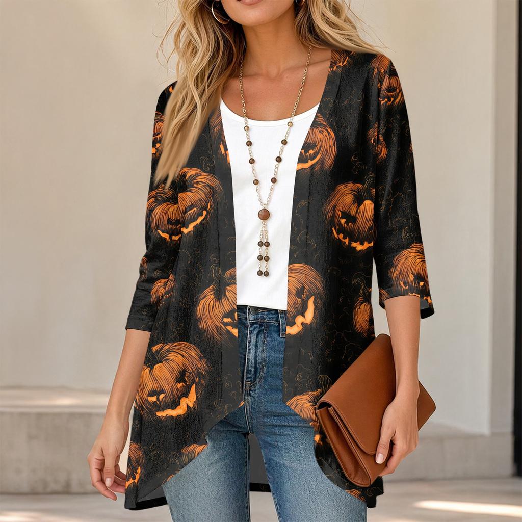 Cardigan décontracté léger ample à manches 3/4 imprimé pour femme pour Halloween